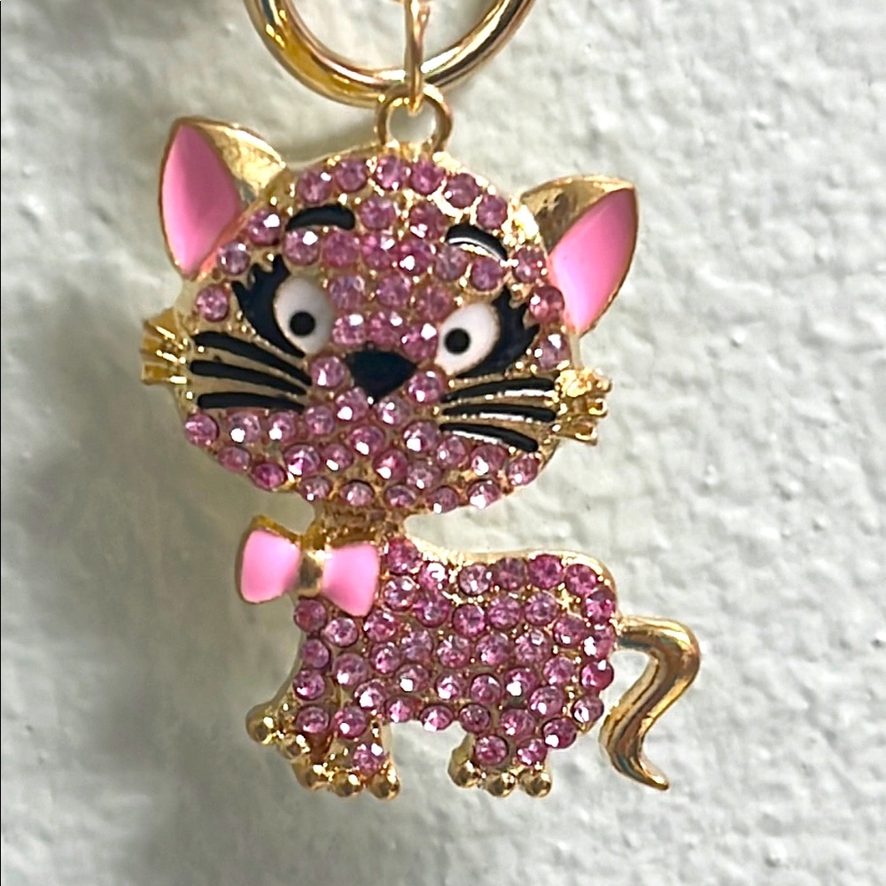 Pink Rhinestone Cat Bag Charm Keychain Sparkly Kitty Purse Charm